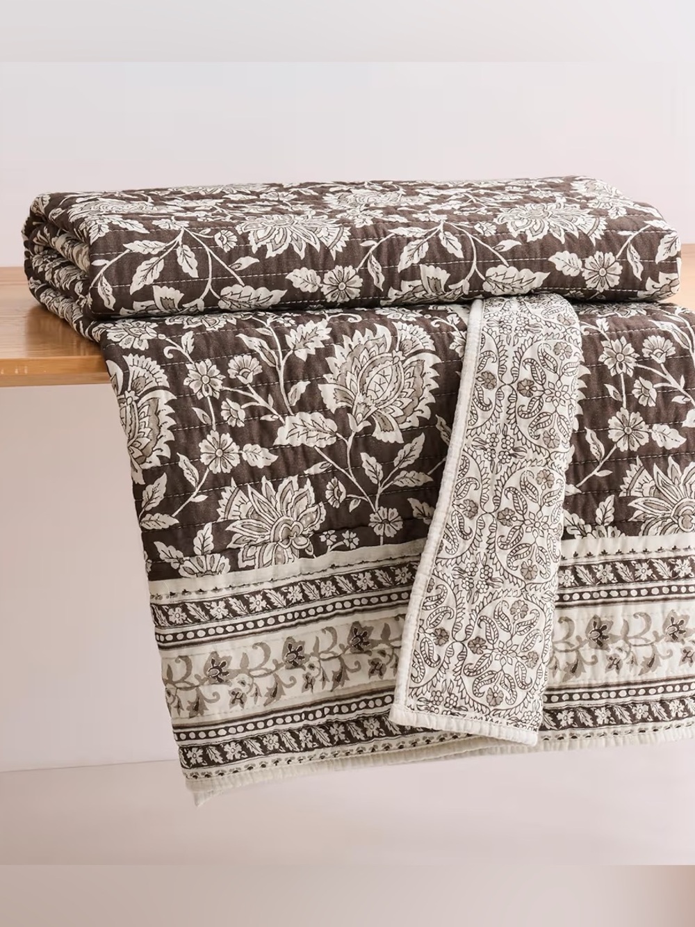 Levtex Home Adare Cocoa Quilted Throw 50x60 Reversible Floral Cotton NWT